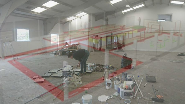 Two pictures merged into one showing the gym plans and the current state of the interior