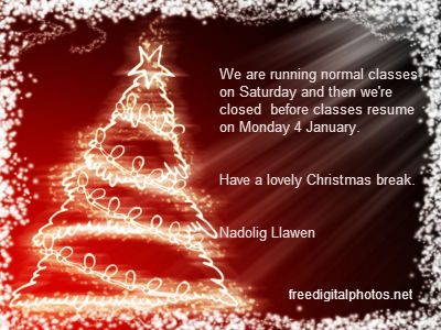 Christmas card message: We are running normal classes on Saturday and then we're closed before classes resume on Monday 4 January. Have a lovely Christmas break. Nadolig Llawen