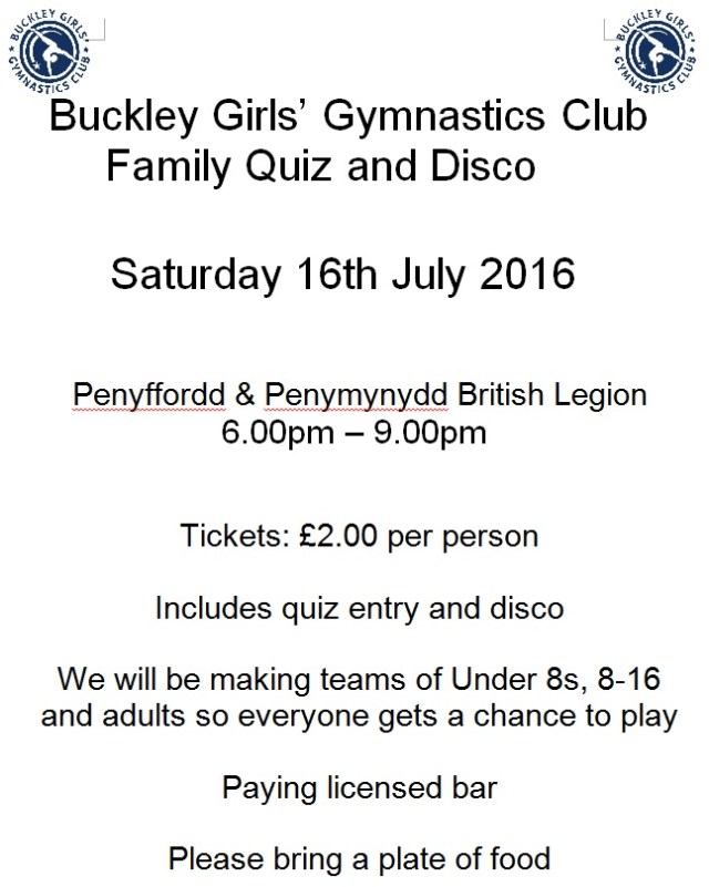 Poster promoting Family Quiz and Disco on Saturday 16 July 2016 