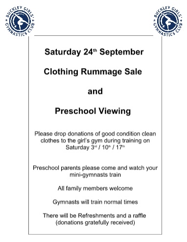 Poster promoting Pre-School viewing on 24 September and request for clothing to be donated for a rummage sale to be held on the same day