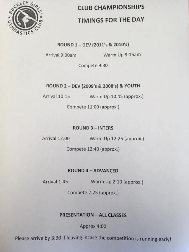 Club champs timetable