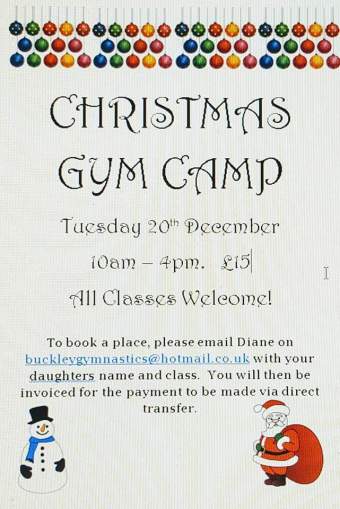 Christmas gym camp poster: Tuesday 20 December, 10-4, £15. Children from a classes welcome