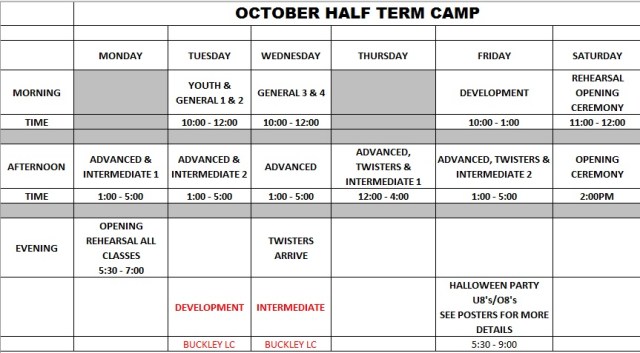 Half term gym camp timetable