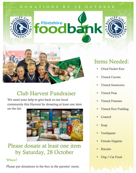 Harvest festival poster: We need your help to give back to our local cxommunity by donating tinned food items to us by 28 October to go to Flintshire Foodbank