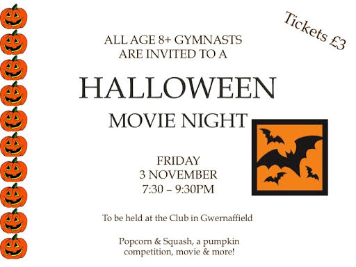 Halloween movie night for gymnasts aged eight and over from 7.30pm